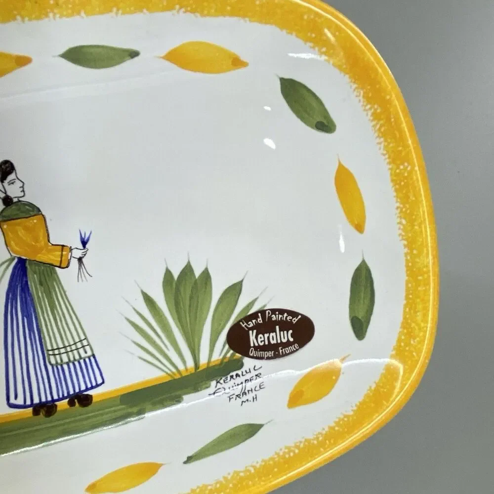 Vintage Keraluc Quimper France Hand Painted Faience Breton Dish Tray Yellow Trim